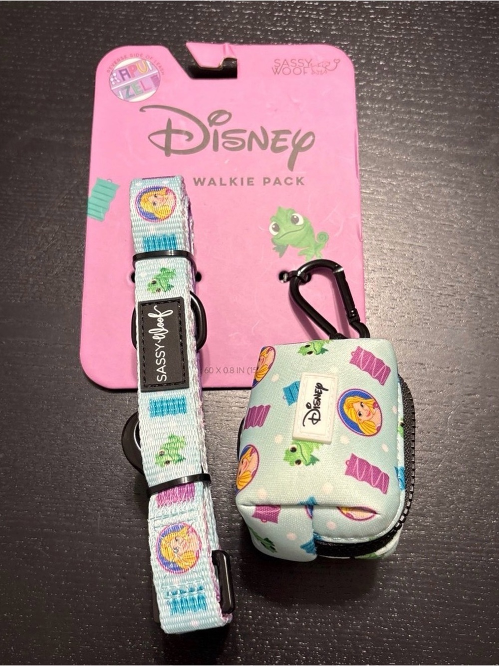 NWT Disney Sassy Woof Walkie Pack Light Blue Tangled Rapunzel Dog Leash Bag Set